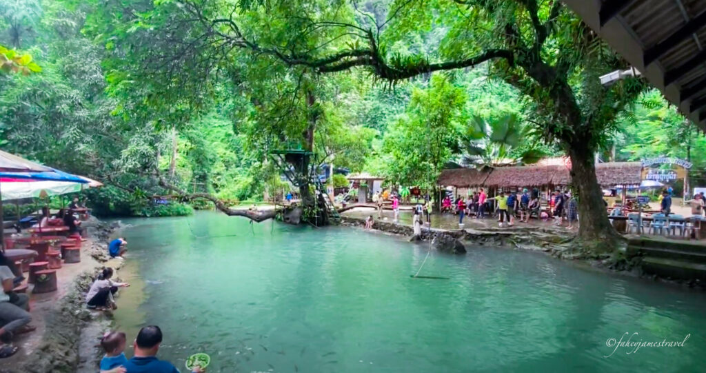 Blue Lagoon 1 is shining with blue water, and two trees hang over the water. Many people and children are on the edge of the river and looking for the fish