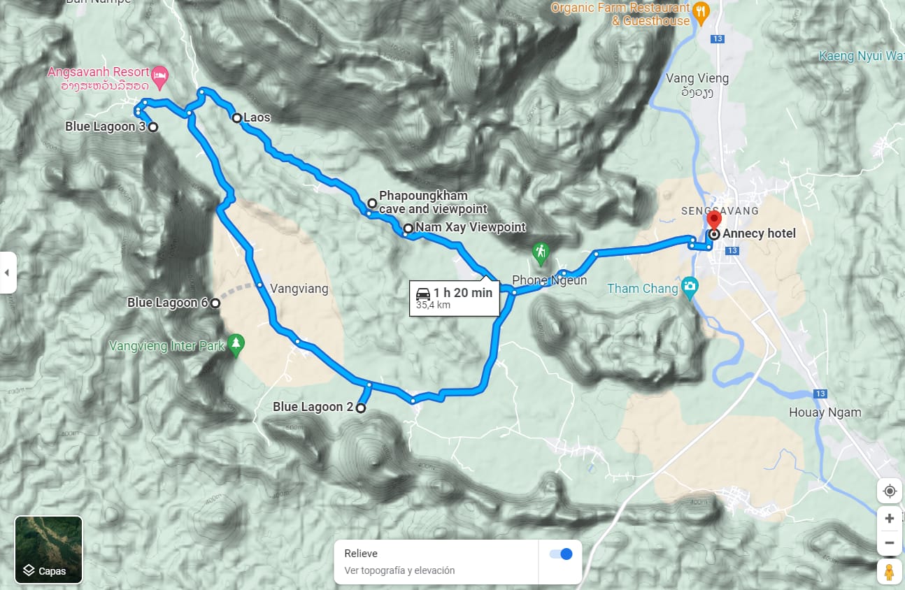 The Vang Vieng ring road loop is shown on Google Maps, and it's a perfect route to spend a day exploring in Vang Vieng, one of the best things to do there