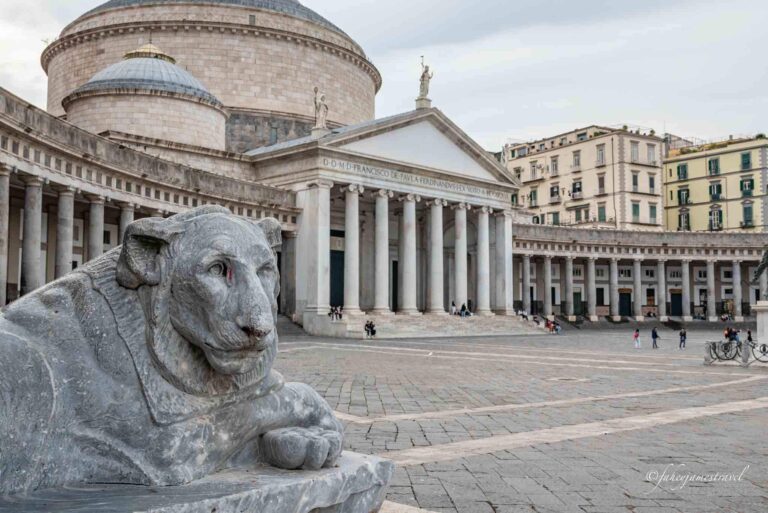 the lion statue stands to the left in the centre if Naples spend two days in naples with my guide