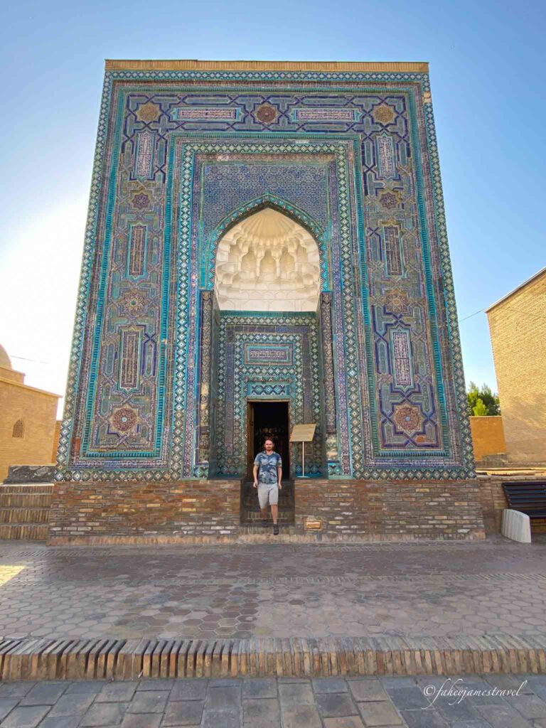 james walks out from the tomb at Shah-i-Zinda Necropolis
 
