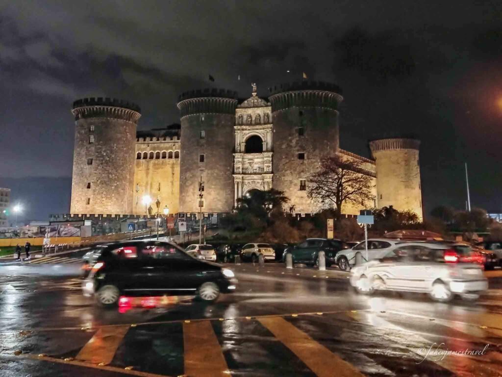 Castel Nuovo picryred at night with traffic passing by, 2 days in naples