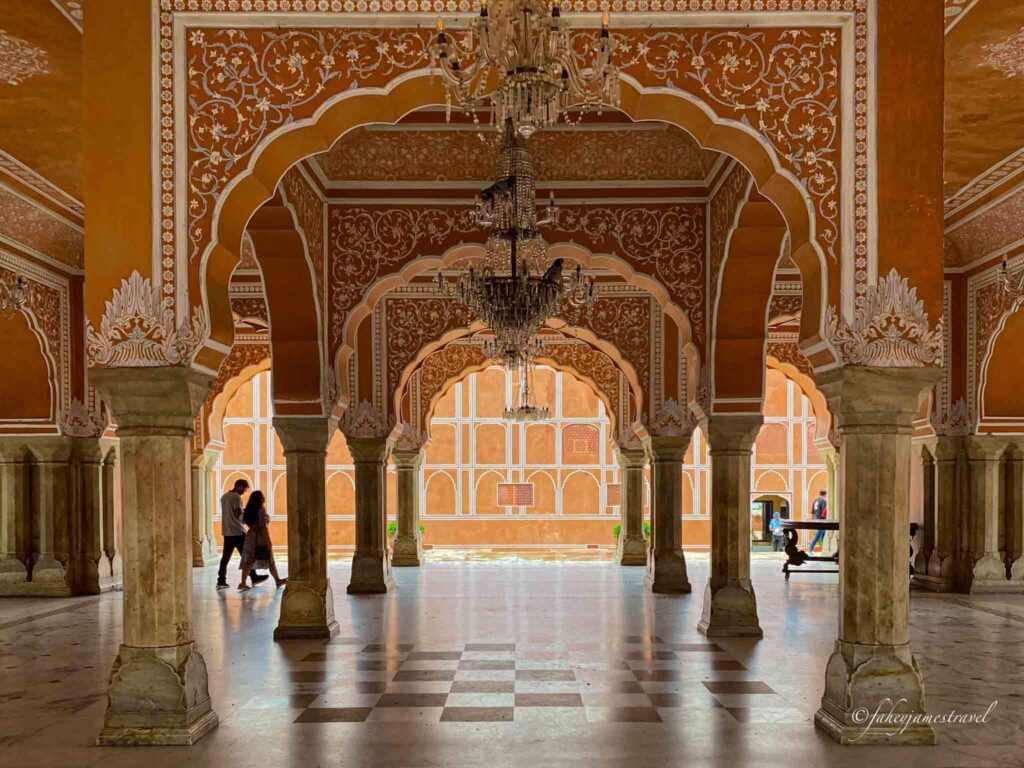 isnide The City Palace shows pillars and beautiful roof