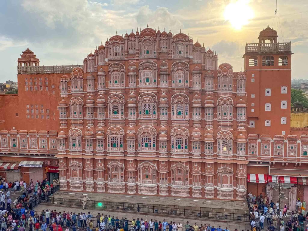 Hawa Mahal is pictured from the street across on my 2 day jaipur itinerary