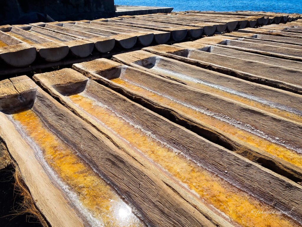 salt is drying out in the many wooden long planks where the sand is now visible after drying
