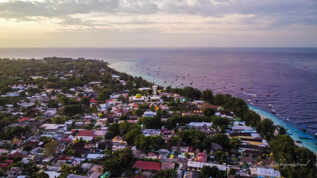 overlooking turtle shore on gili t in the far distance