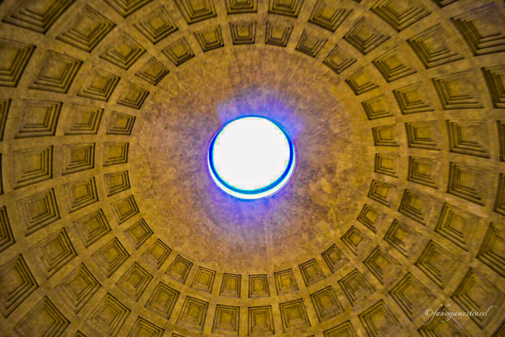 the roof of pantheon has a whole in it and light shines through 
