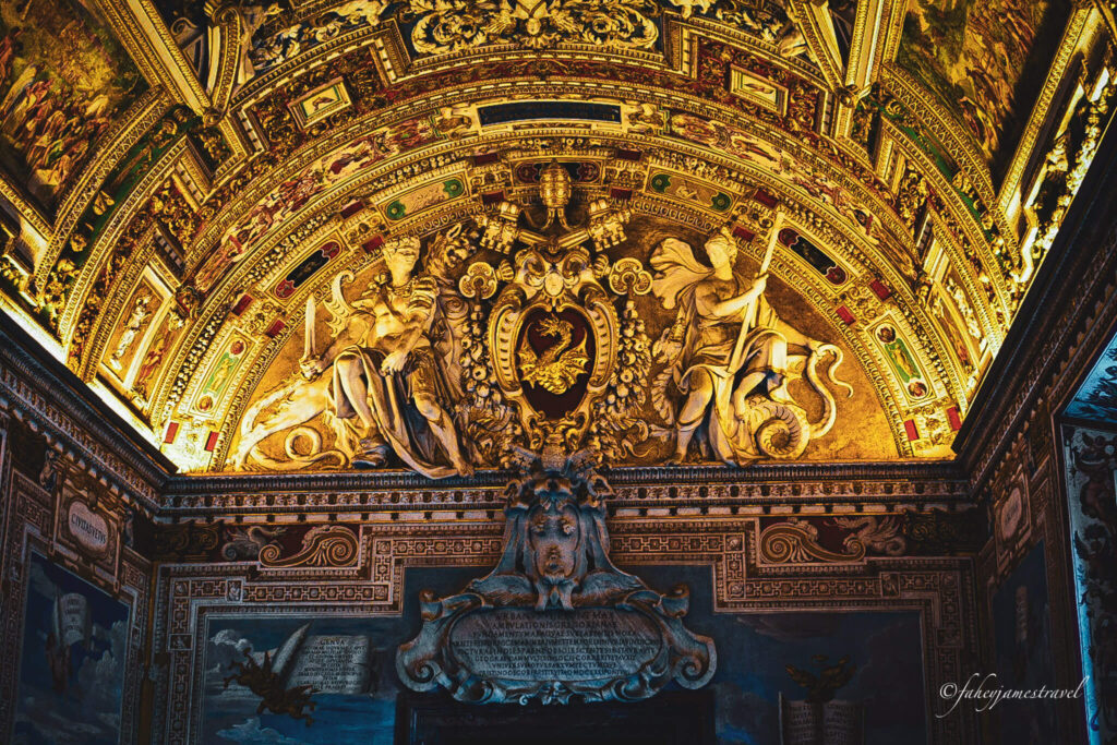 more details inside the vatican. the architecture is white with golden light shining onto the wall 