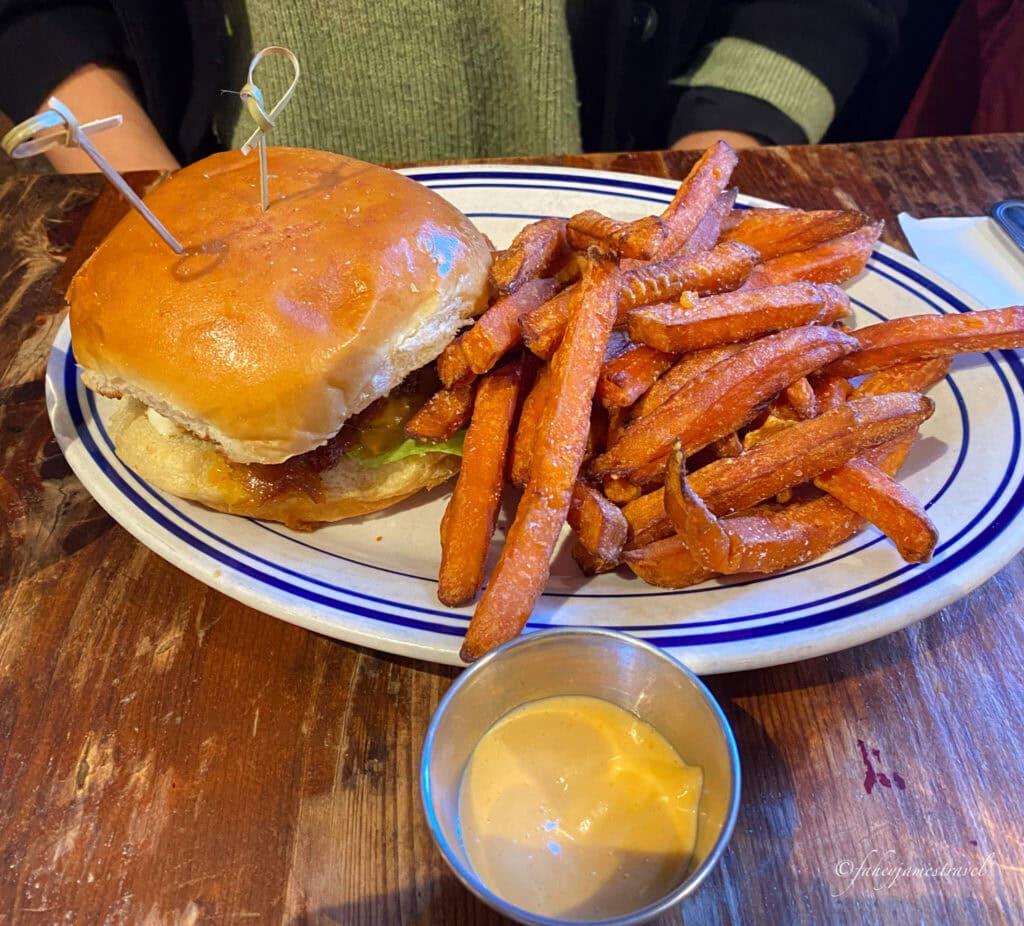 burger and chips is shown with red sauce and rice in the Western market, Dukes grocery