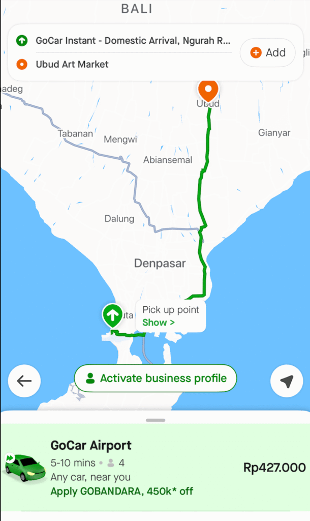 the image shows the grab app and cost for a taxi from bali airport to ubud