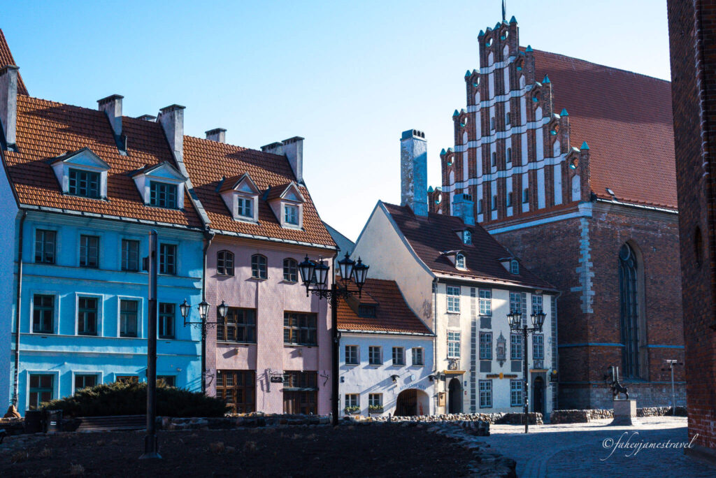 riga is pictured during winter and the merchant houses are colourful