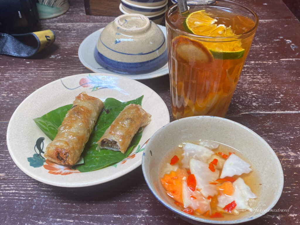 s[pring roll are pictured and are a great thing to eat in hanoi