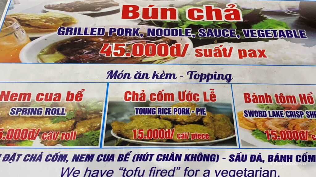Bun Cha Nem Qua Bey prices are shown on the menu