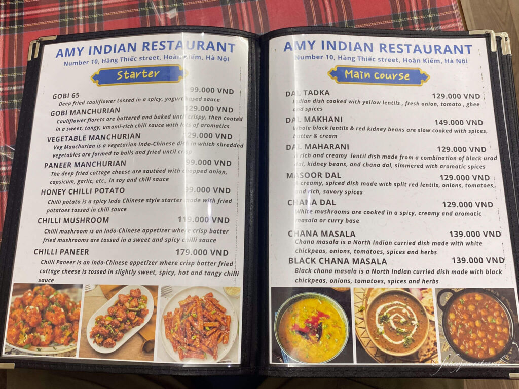 the menu for AMY Indian Restaurant - Pure Vegetarian & Jain Food is visible 