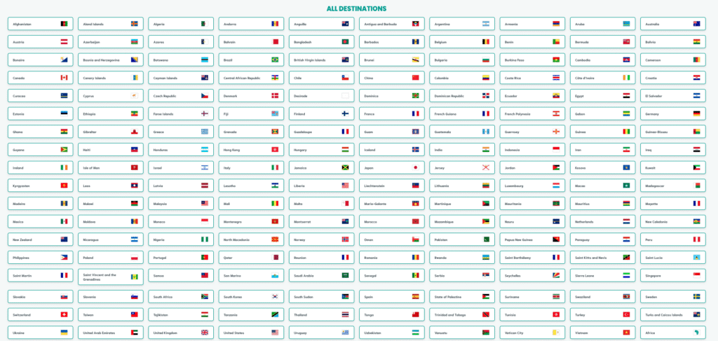 all countries are listed where sim local can be used