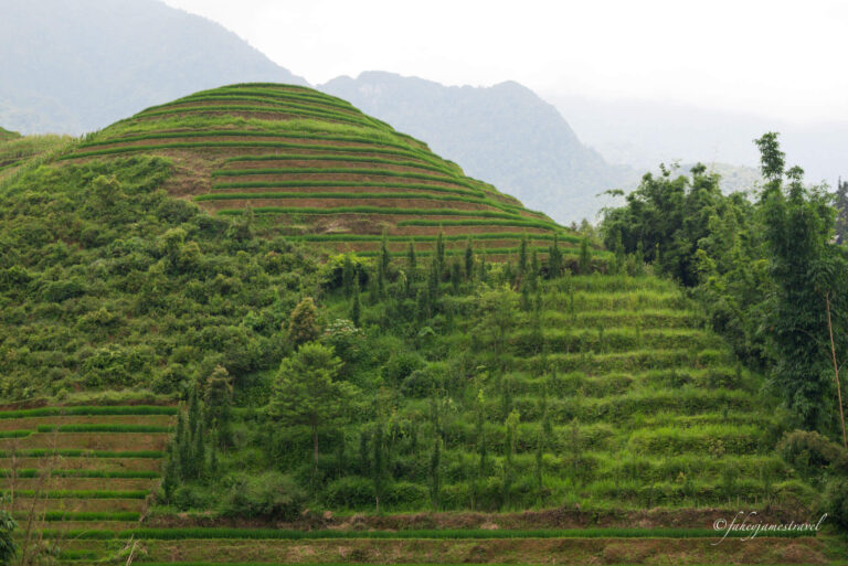 more of sapa mountains and rice terraces are visible with fog in the backdrop, typical in winter