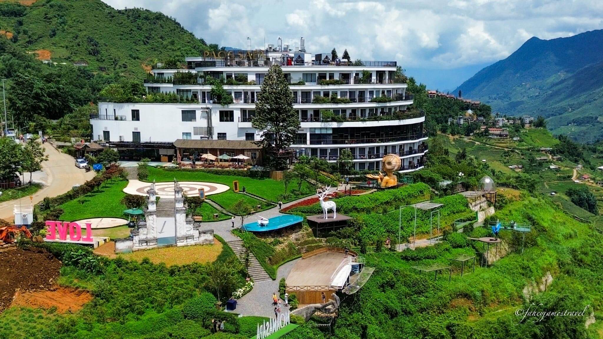 moana sapa is pictured from the drone with rice terraces below