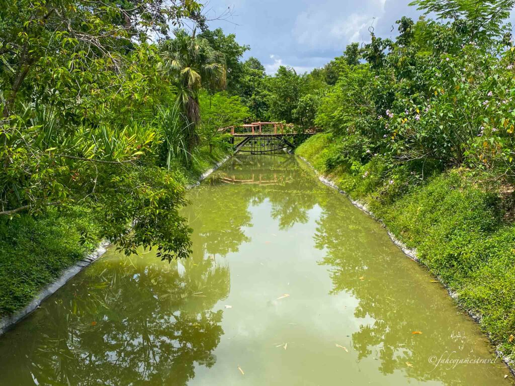 river and bridge is pictured at angkor botanical garden